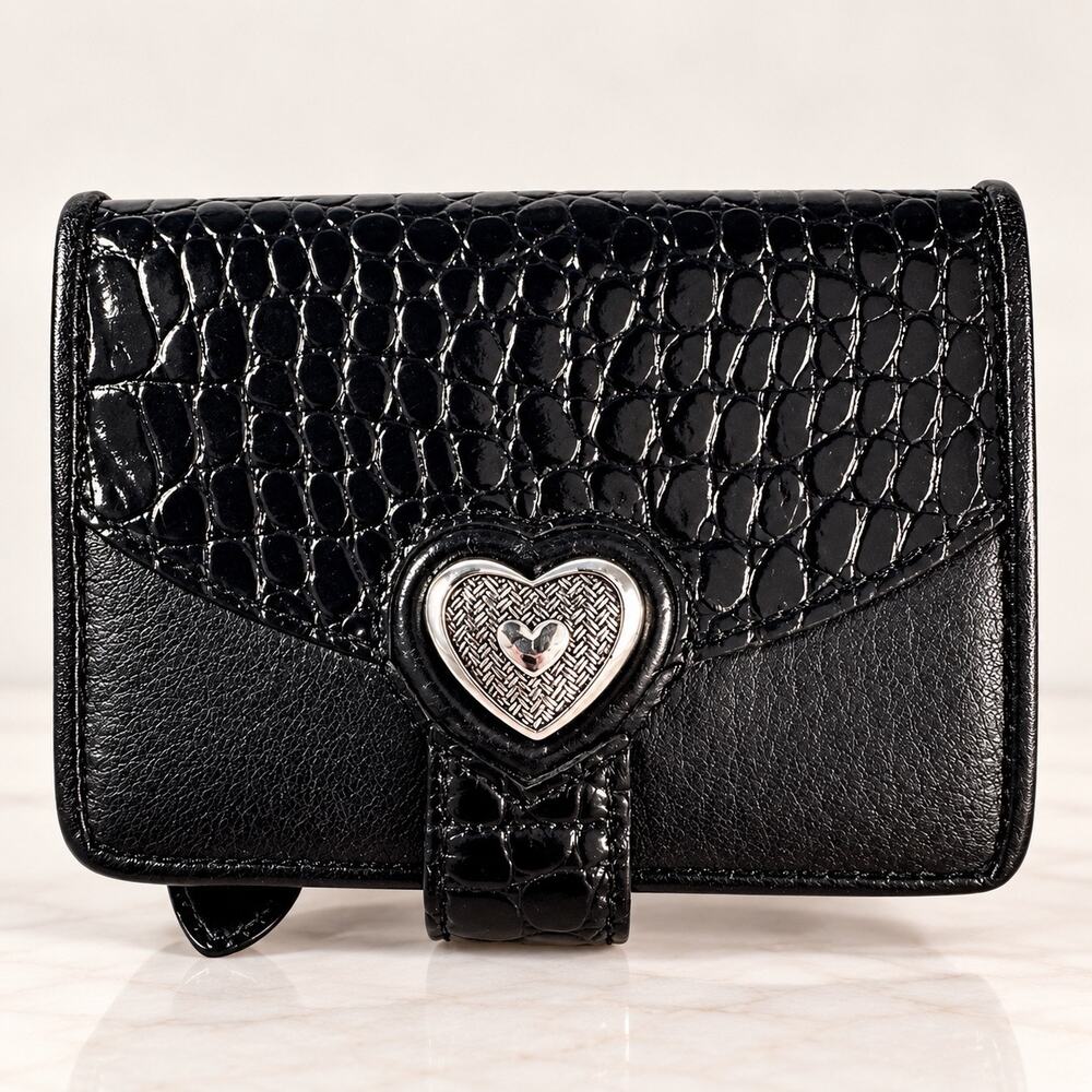 Brighton Bellissimo Heart Small Wallet Black Croc Embossed Leather Trifold